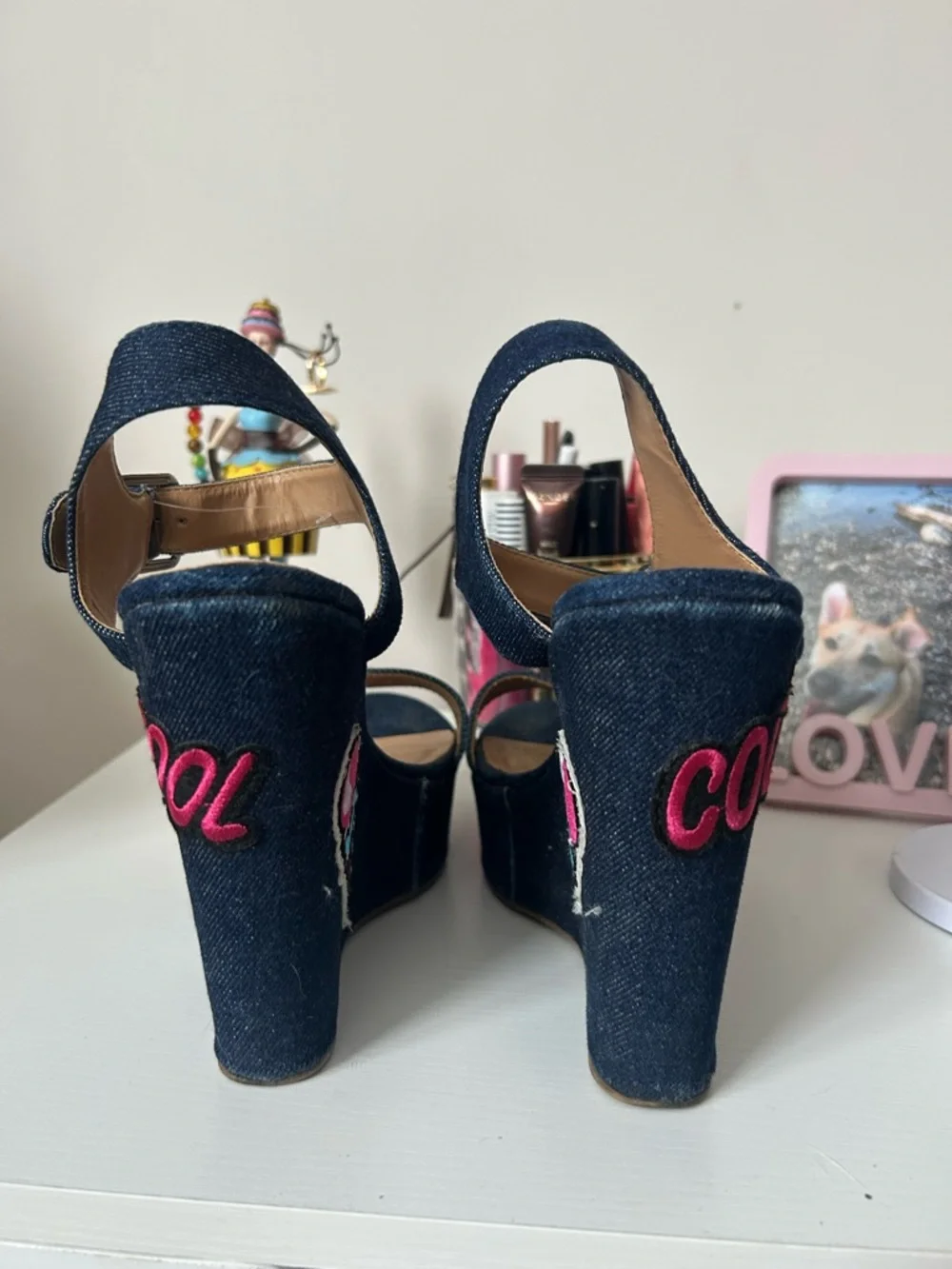 Denim Wedge Sandals with Rainbow & Heart Patches - Picture 5 of 7